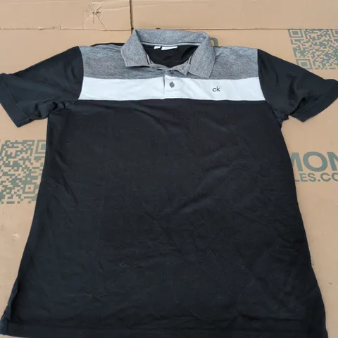 CALVIN KLEIN GOLF POLO SHIRT – BLACK WITH GREY PANEL AND WHITE CHEST STRIPE - UK L