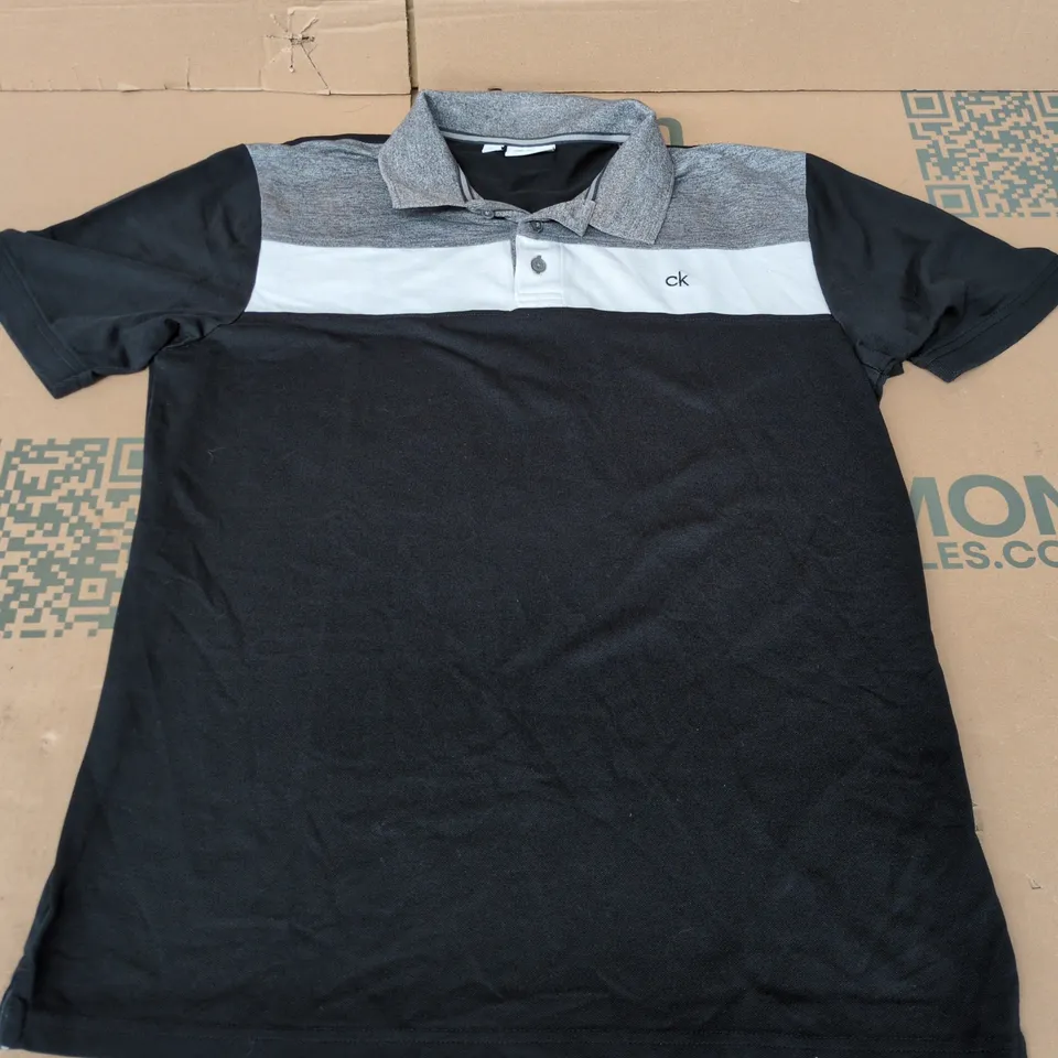 CALVIN KLEIN GOLF POLO SHIRT – BLACK WITH GREY PANEL AND WHITE CHEST STRIPE - UK L