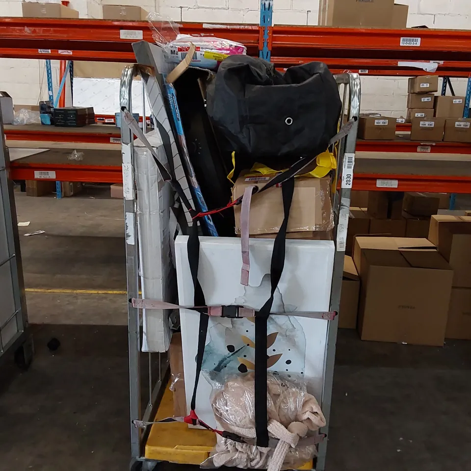 CAGE TO ASSORTED CONSUMER GOODS TO INCLUDE; KAYAK PARTS, CANVAS PAINTING, HIGH VELOCITY FLOOR FAN ECT. (CAGE NOT INCLUDED)