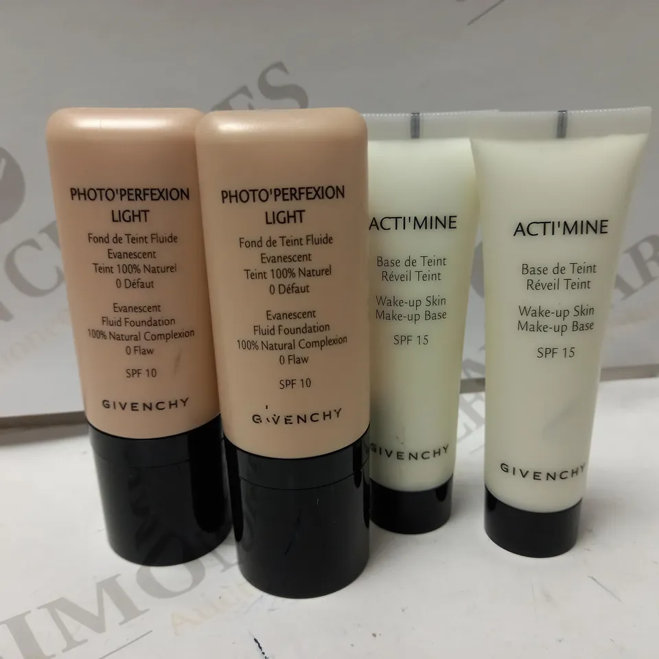 LOT OF 4 ASSORTED GIVENCHY PRODUCTS TO INCLUDE 2 X 30ML PHOTO'PERFEXION FLUID FOUNDATION & 2 X 30ML ACTI'MINE WAKE-UP MAKEUP BASE 