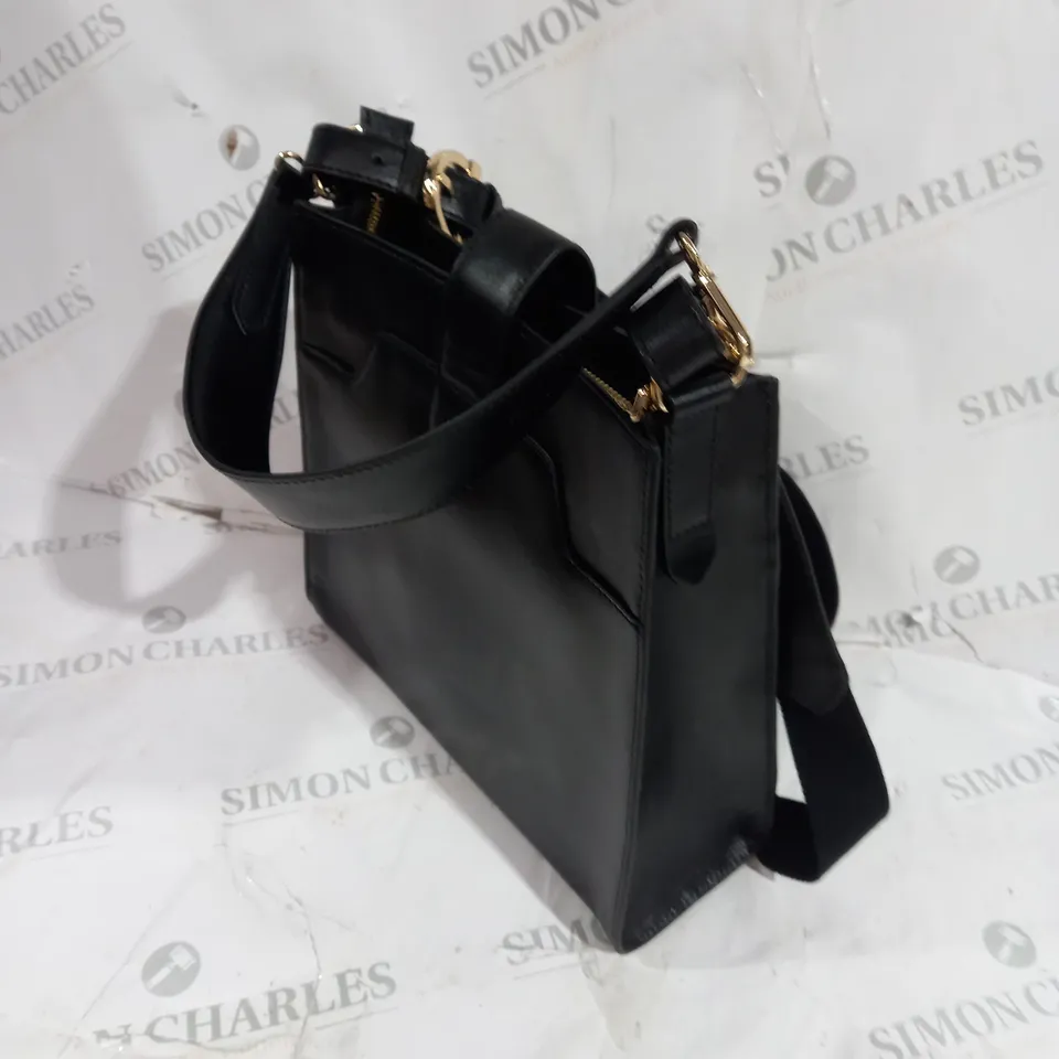 PAUL COSTELLOE DRESSAGE HANDBAG WITH MESSENGER HANDLE BLACK AND GOLD ACCENTS LEATHER 