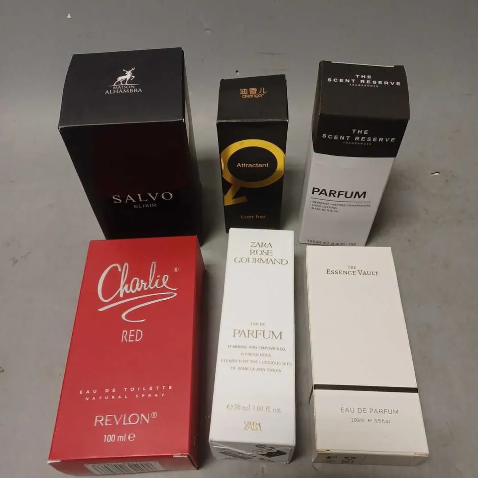 APPROXIMATELY 6 ASSORTED BOXED FRAGRANCES TO INCLUDE - REVLON CHARLIE RED - ZARA ROSE GOURMAND - MAISON ALHAMBRA SALVO ELIXIR - ETC