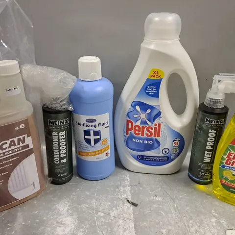 ASSORTED LIQUIDS TO INCLUDE STERLISING FLUID, HEATING OIL ADDITIVE, WASHING UP LIQUID, ETC 