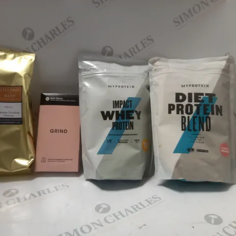 BOX OF APPROX 6 ASSORTED FOOD ITEMS TO INCLUDE - MY PROTEIN DIET PROTEIN BLEND STRAWBERRY CREAM - MY PROTEIN IMPACT WHEY PROTEIN PEACH TEA - GRIND DARK BLEND ECT