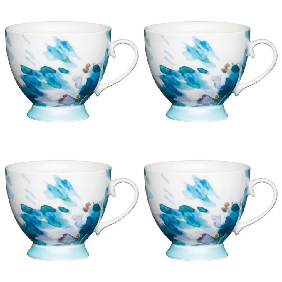 SET OF FOUR PAINTED FLORAL BONE CHINA MUGS