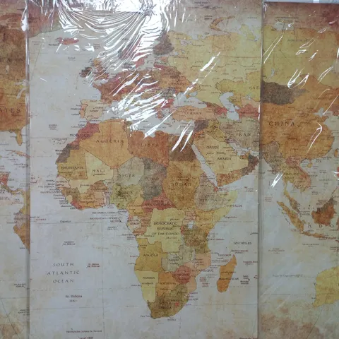 BOXED HOUSE ADDITIONS RETRO WORLD MAP, 3 PIECES GRAPHIC ART ON CANVAS SET