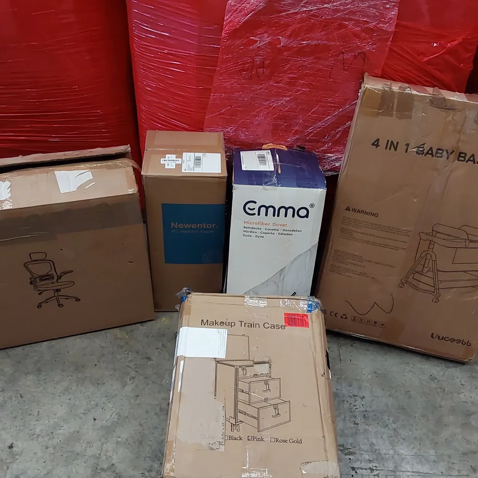 PALLET OF HOUSEHOLD ITEMS AND CONSUMER GOODS TO INCLUDE: OFFICE CHAIR, MATTRESS TOPPER, 4-IN-1 BABY BASSINET, MAKEUP TRAIN CASE, EMMA MICROFIBER DUVET ECT