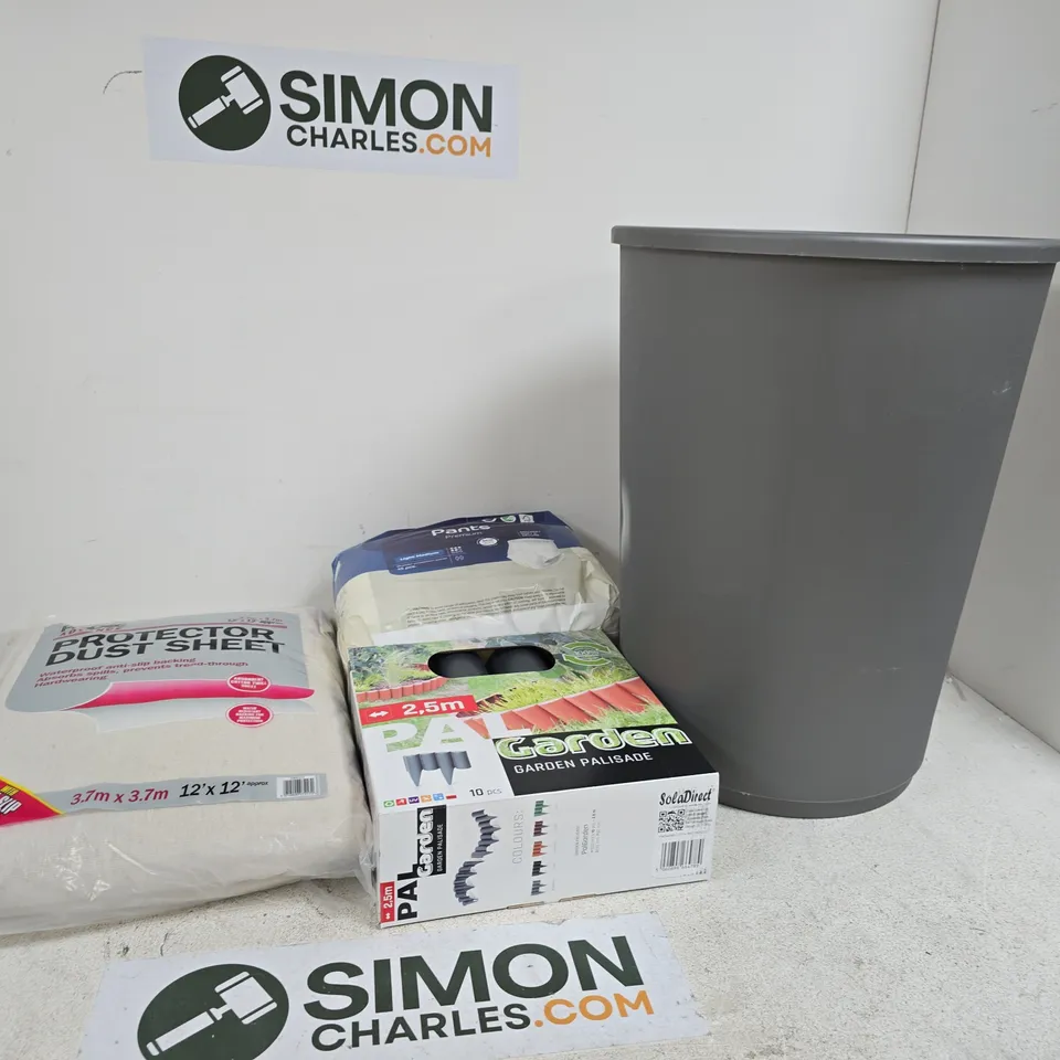 BOX OF APPROXIMATELY 5 ASSORTED ITEMS INCLUDING PRODEC ADVANCE PROTECTORS DUST SHEET, PAL GARDEN GARDEN PALISADE AND ABENA PANTS PREMIUM