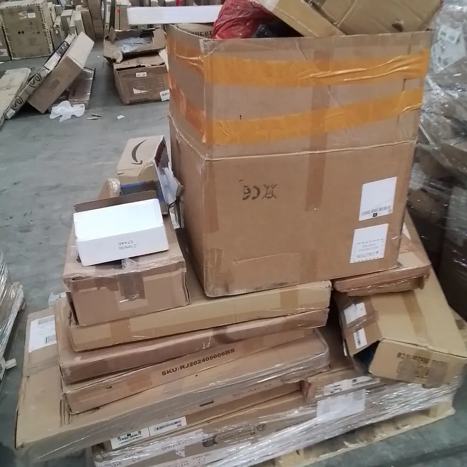 PALLET CONTAINING VARIOUS ASSORTED BOXED HOUSEHOLD RETURNS/ELECTRICAL/GARDEN ITEMS TO INCLUDE: NAIL DRYING MACHINE, PAINT SPRAY GUN, ELECTRIC CAR WASHING MACHINE PORTABLE FANS ETC.