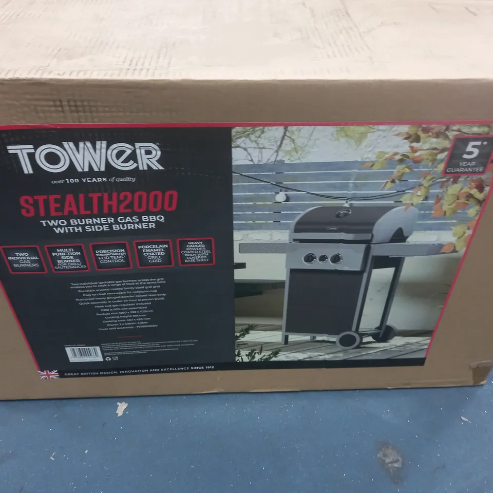 BOXED TOWER STEALTH 2000 2 BURNER GAS BBQ WITH SIDE BURNER