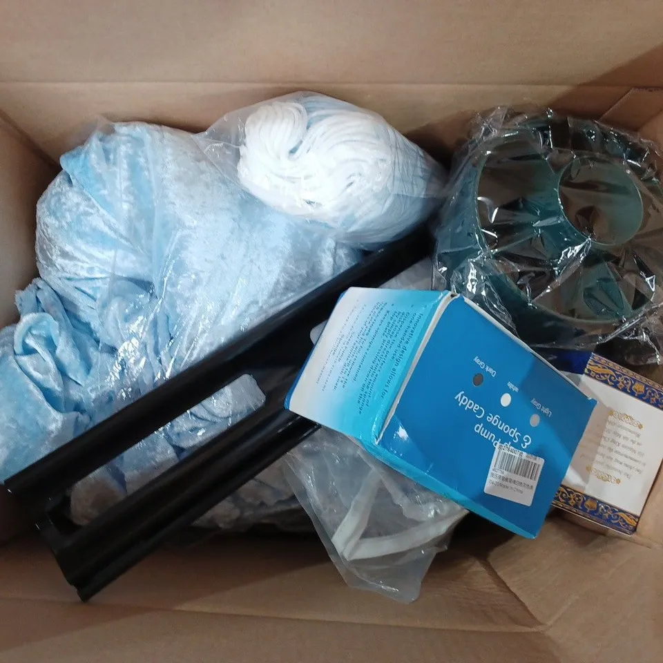 BOX OF APPROX 12 ITEMS TO INCLUDE - SOAP PUMP & SPONGE CADDY - SURGEON MASKS - KING CHARLES III MUG ECT