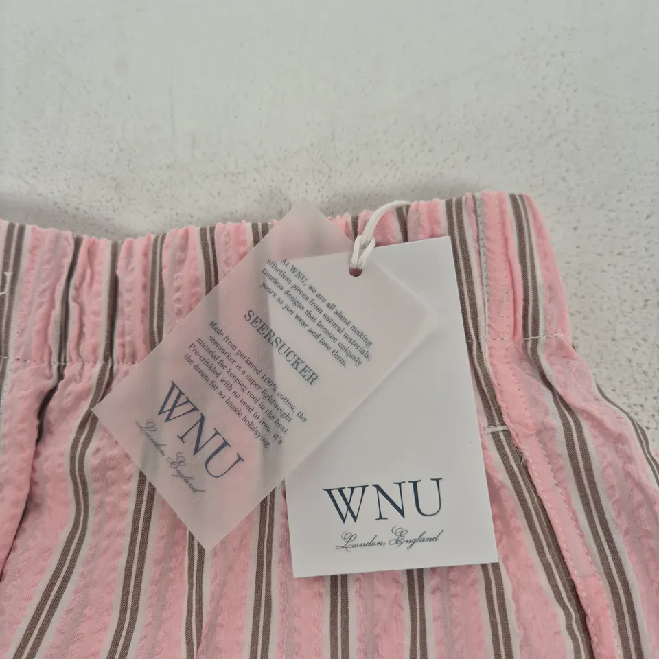 WNU THE BOXER SEERSUCKER SHORTS – PALE PINK & MOCHA STRIPE, UK 12