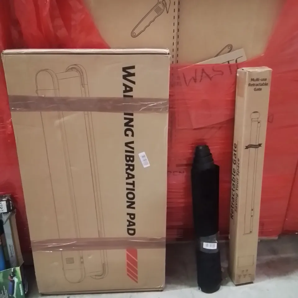 PALLET OF ASSORTED HOUSEHOLD GOODS AND PRODUCTS TO INCLUDE;WALKING PAD,AREA RUG,RETRACTABLE SAFETY GATE 