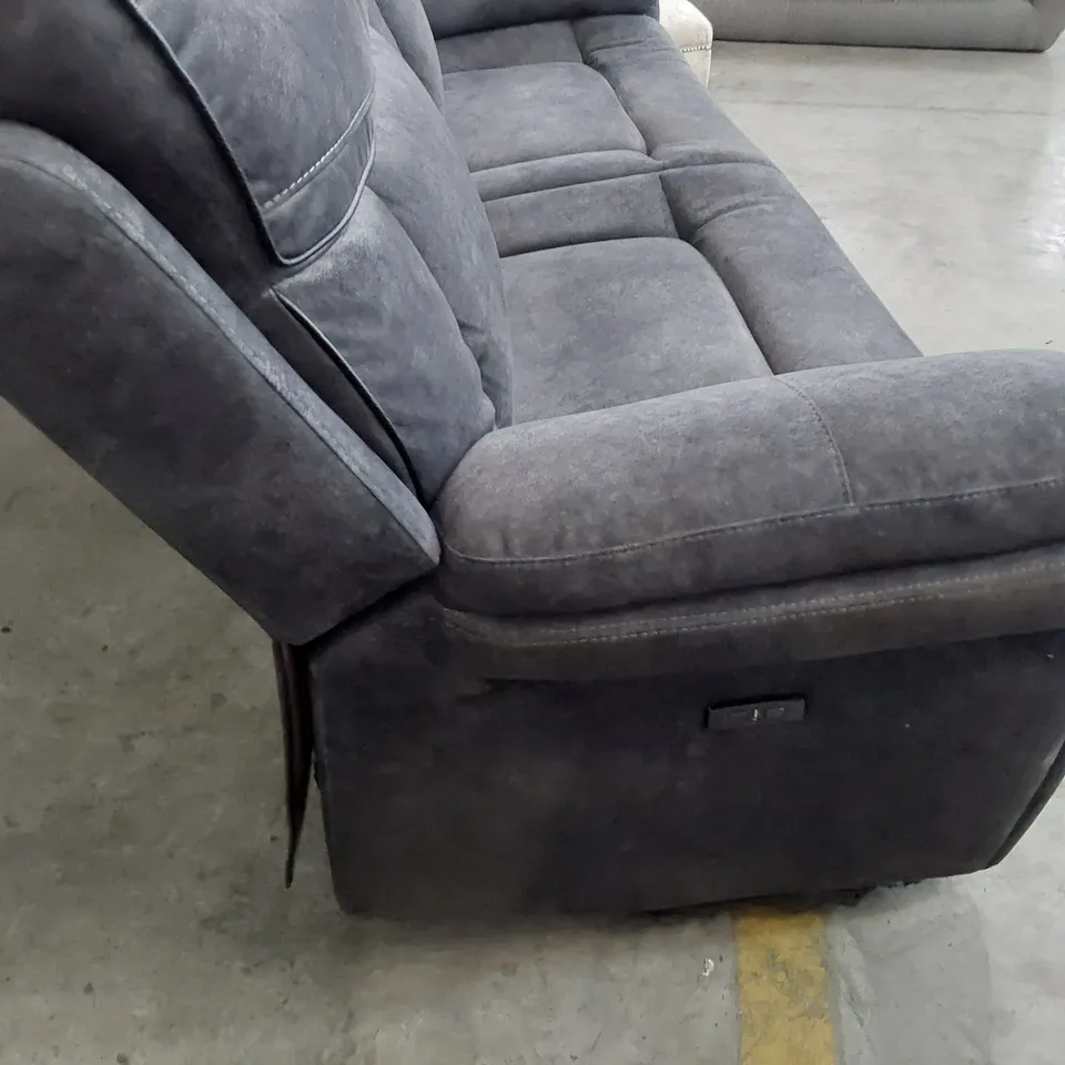 DESIGNER POWER RECLINING THREE SEATER SOFA CHARCOAL FABRIC WITH BLACK PIPING