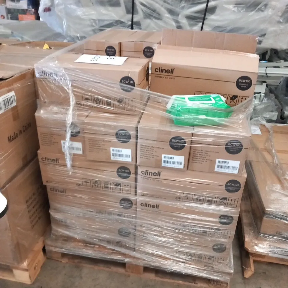 PALLET OF APPROXMATELY 46 BOXES OF CLINELL UNIVERSAL WIPES 6 PACKS PER BOX, 100 WIPES PER PACK