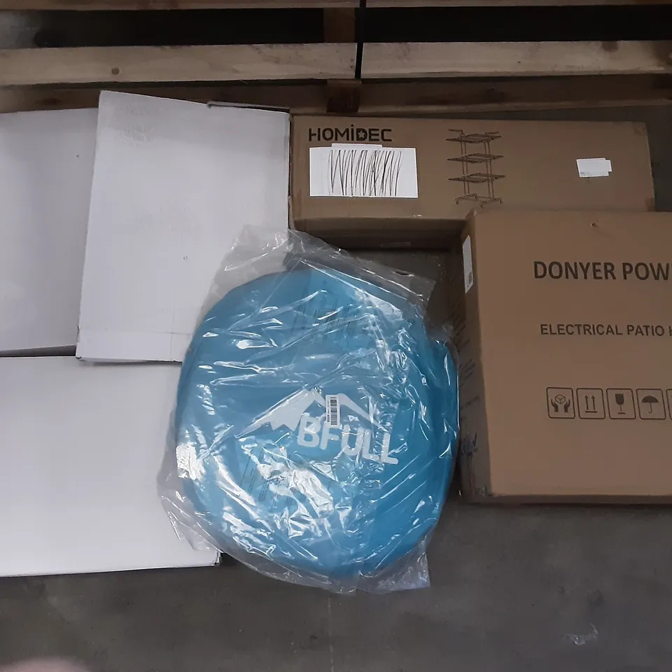 PALLET OF ASSORTED PRODUCTS INCLUDING ANGEL MINI STAND MIXER, WIRE BASKET, DONYER POWER ELECTRIC PATIO HEATER, HOMIDEC CLOTHES RACK, BFULL POP-UP TENT, PCC DOUBLE KIDD'S ARMCHAIR
