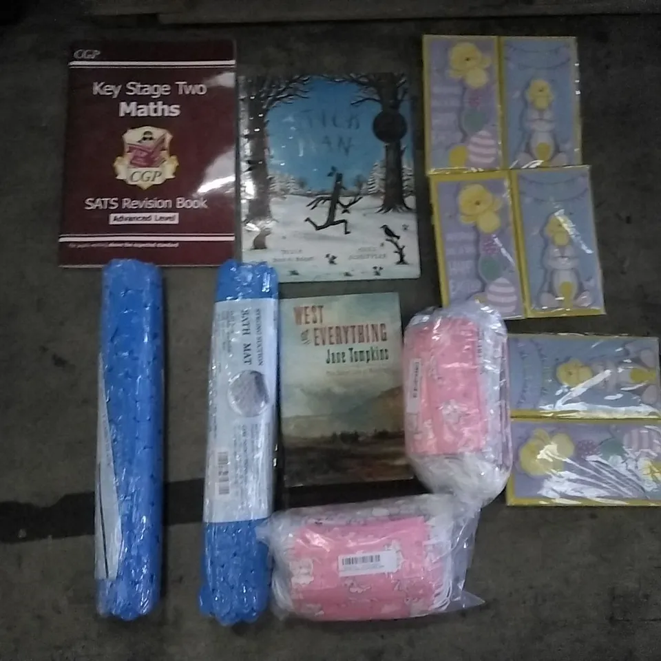 PALLET OF ASSORTED ITEMS INCLUDING KEY STAGE TWO MATHS SATS REVISION BOOK, STRONG SUCTION BATH MATS, USEFUL CINEMA, STICK MAN, WEST OF EVERYTHING, PINK FACE MASKS