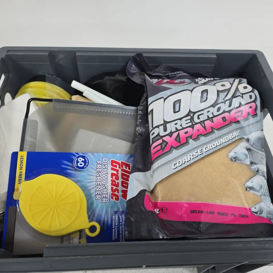 APPROXIMATELY 15 ASSORTED HOUSEHOLD PRODUCTS TO INCLUDE COARSE GROUNDBAIT , DISHWASHER FRESHENER AND TEMPERATURE AND HUMIDITY METER