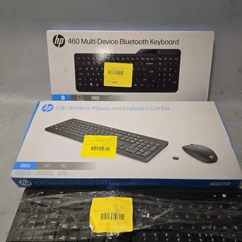 BOX OF APPROXIMATELY 15 ASSORTED HP ITEMS TO INCLUDE - 460 MULTI DEVICE BLUETOOTH KEYBOARD , 230 WIRELESS MOUSE & KEYBOARD COMBO 
