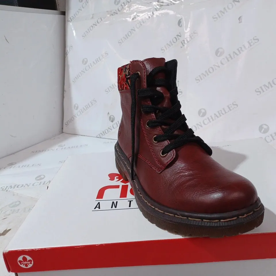 BOXED PAIR OF RIEKER LACE UP BOOTS WITH INTEREST COLLAR IN RED UK SIZE 5