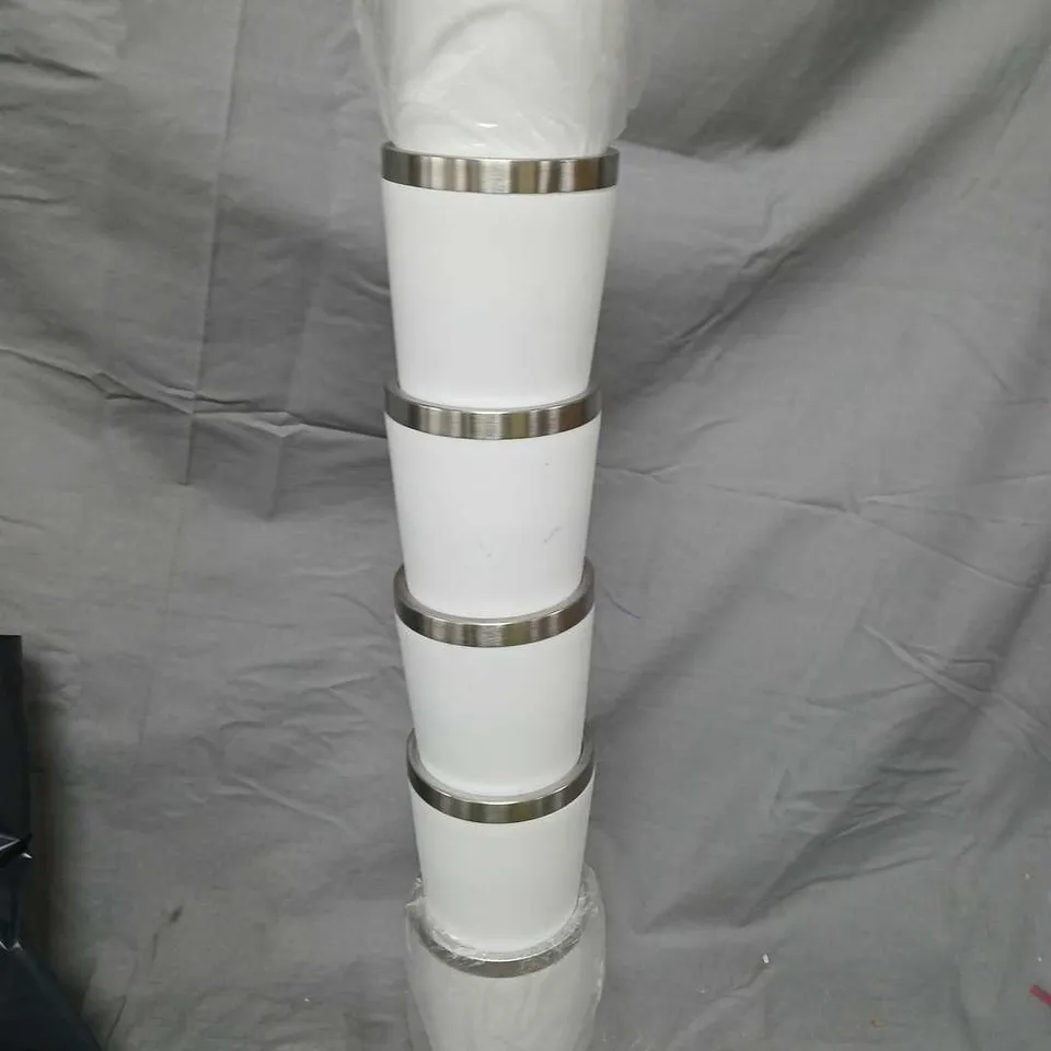 SET OF 5 WHITE INSULATED STAINLESS STEEL TRAVEL MUGS WITH CHROME RIMS