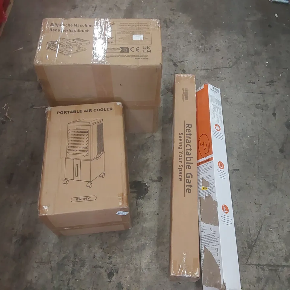 PALLET CONTAINING A VERY LARGE QUANTITY OF ASSORTED ITEMS INCLUDING: PORTABLE AIR COOLER, RETRACTABLE SAFETY GATES, ELLIPTICAL MACHINE ECT