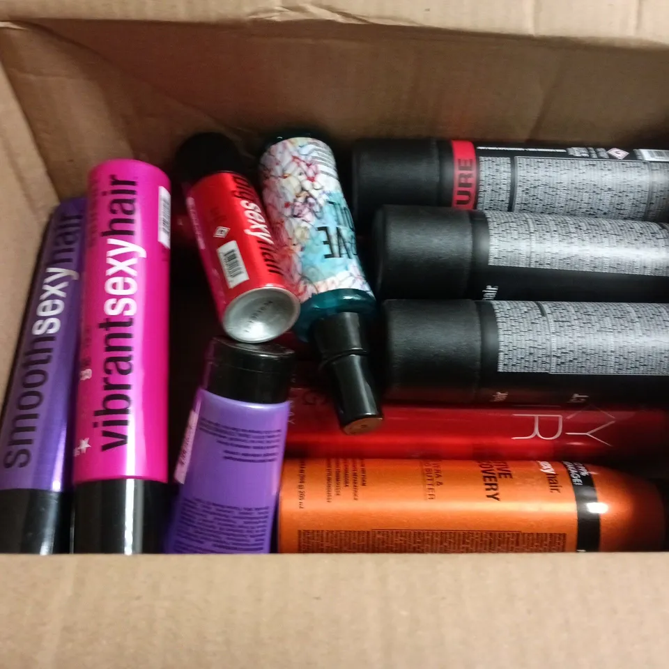 BOX OF APPROXIMATELY 15 SEXY HAIR HAIRCARE PRODUCTS TO INCLUDE CURLING CREME, SPRAY CLAY AND BLOW DRY PRIMER