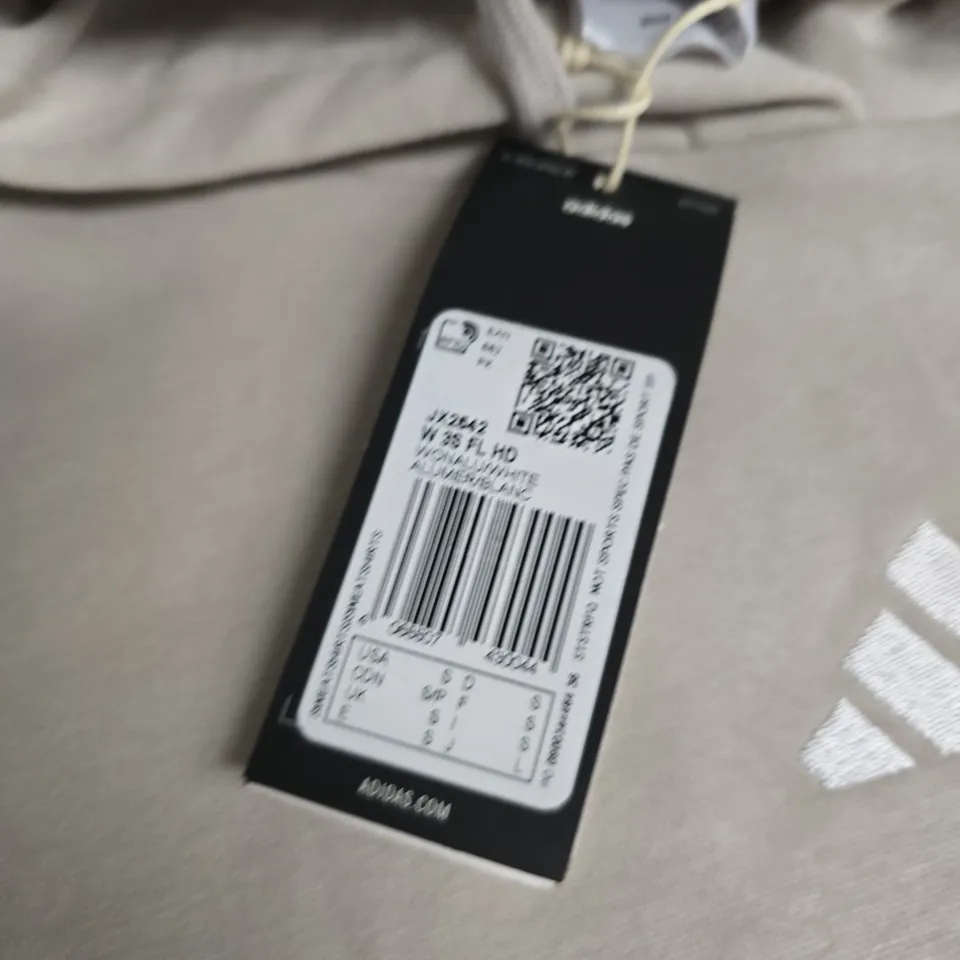 ADIDAS BEIGE HOODIE WITH WHITE SLEEVE STRIPES – SIZE SMALL