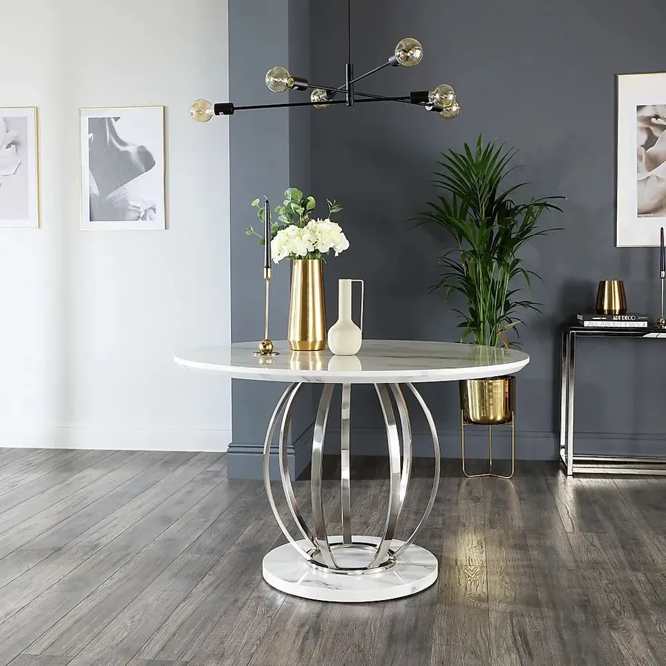 BOXED DESIGNER SAVOY GLOSS WHITE MARBLE DINING TABLE (3 BOXES)