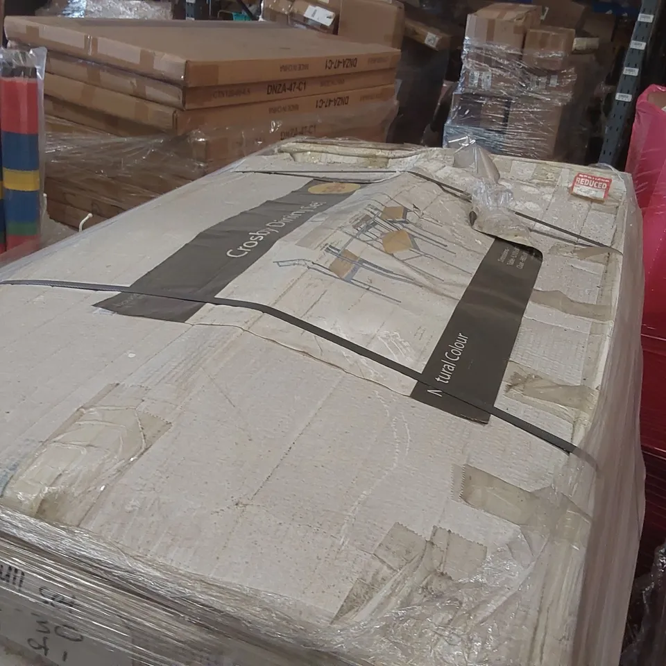 PALLET OF ASSORTED ITEMS INCLUDING: DINING SETS, OFFICE FURNITURE/DESK PARTS ECT