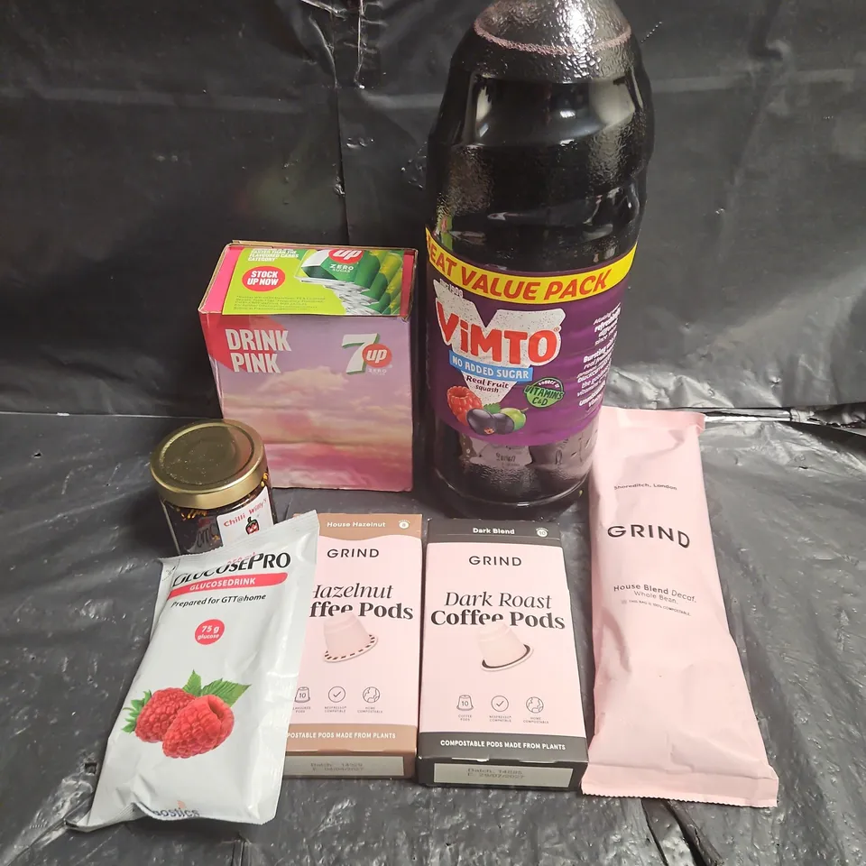 APPROXIMATELY 8 ASSORTED FOOD ITEMS TO INCLUDE - VIMTO SQUASH - GRIND HOUSE BLEND DECAF - 7UP DRINK PINK - ETC