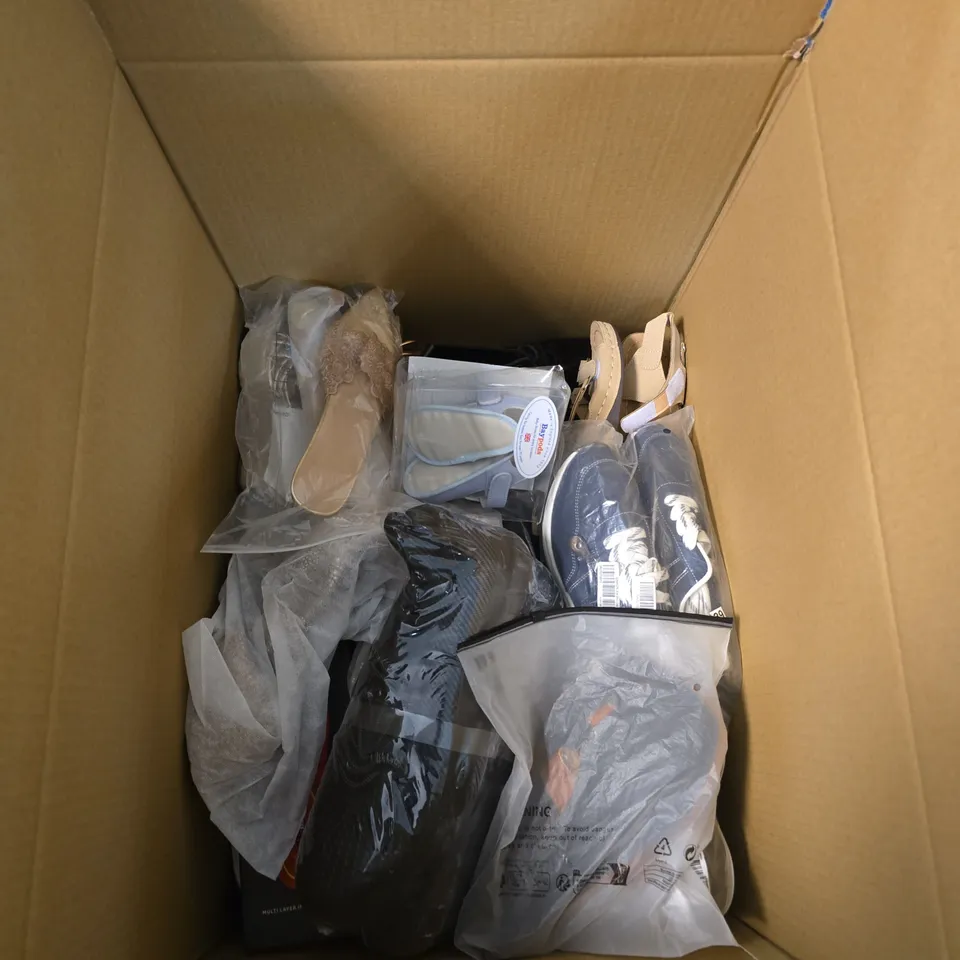 BOX OF APPROXIMATELY 10 ASSORTED PAIRS OF SHOES IN VARIOUS COLOURS, SIZES AND STYLES