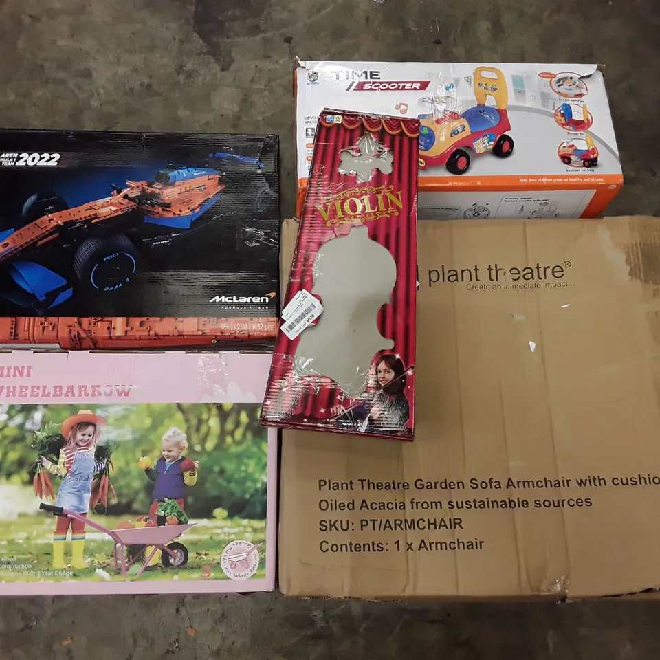 PALLET OF ASSORTED PRODUCTS INCLUDING MINI WHEELBARROW, ARMCHAIR, VIOLIN, LEGO MCLAREN, KIDS TIME SCOOTER