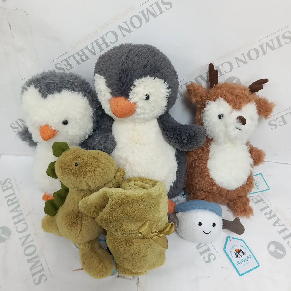 FIVE ASSORTED JELLY CAT SOFT TOYS INCLUDE; SPORTS GOLF BALL, LITTLE REINDEER, DINO SOOTHER, PEANUT PENGUIN AND LITTLE PENGUIN