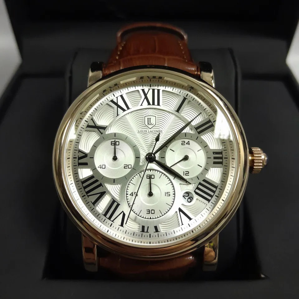 BOXED LOUIS LACOMBE CHRONOGRAPH DIAL WITH DATE & BROWN STRAP