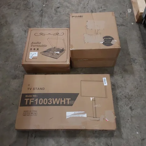 PALLET OF ASSORTED HOUSEHOLD ITEMS AND CONSUMER PRODUCTS. INCLUDES; TURNTABLE, FOOD PROCESSOR, TV STAND, TOILET SEATS, BOXED FURNITURE ETC