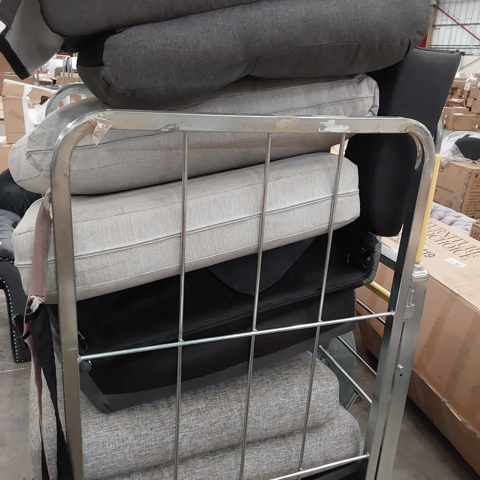 CAGE OF ASSORTED SEAT CUSHIONS, UPHOLSTERED BACK SECTIONS, BACK END CUSHIONS