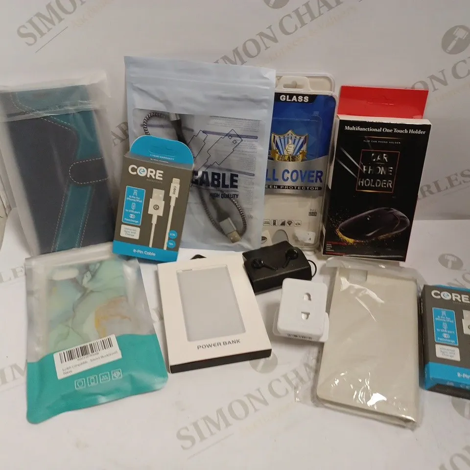 BOX OF APPROX 10 ITEMS INCLUDING ASSORTED PHONE CASES, WIRED HEADPHONES AND CHARGING CABLES