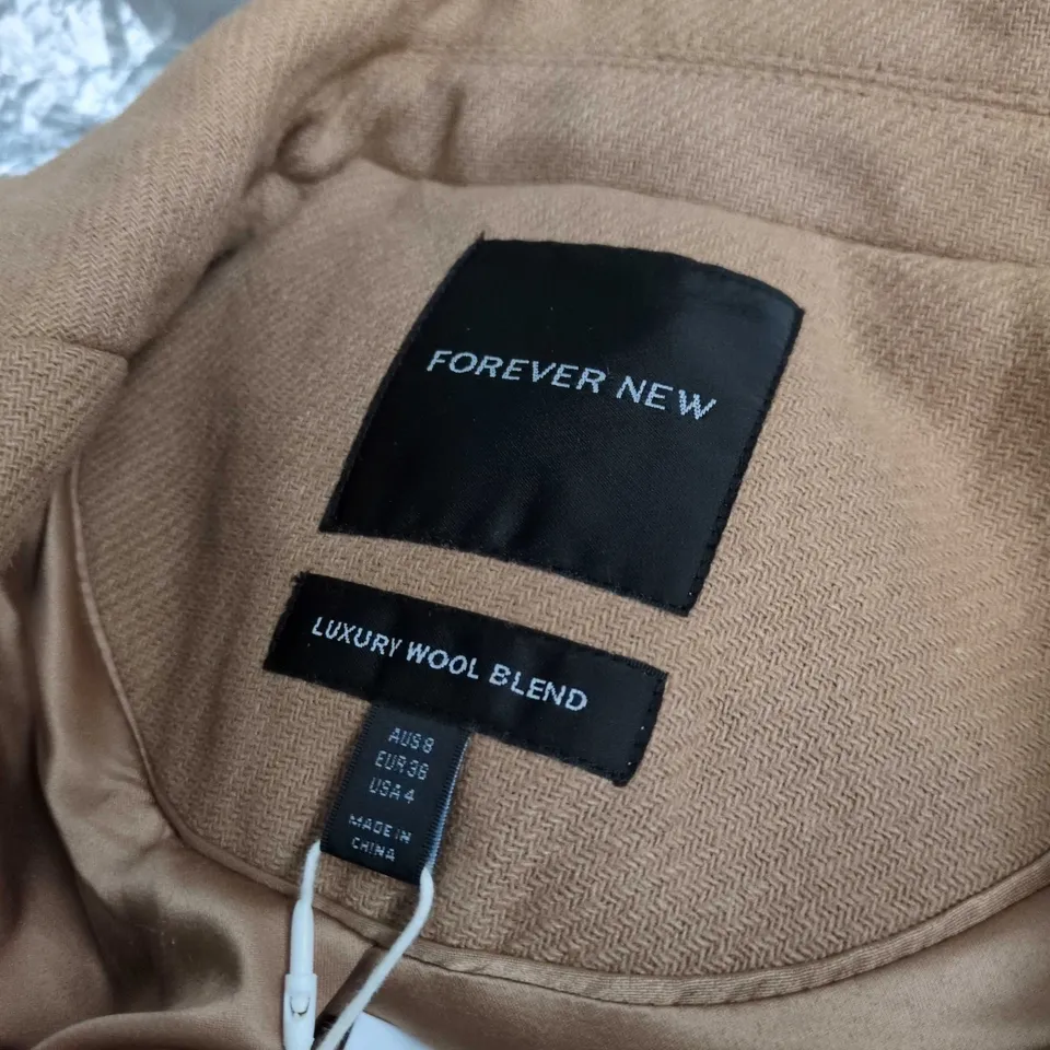 FOREVER NEW CHANDELLE WOOL-BLEND DOUBLE-BREASTED COAT IN CAMEL - UK SIZE 8