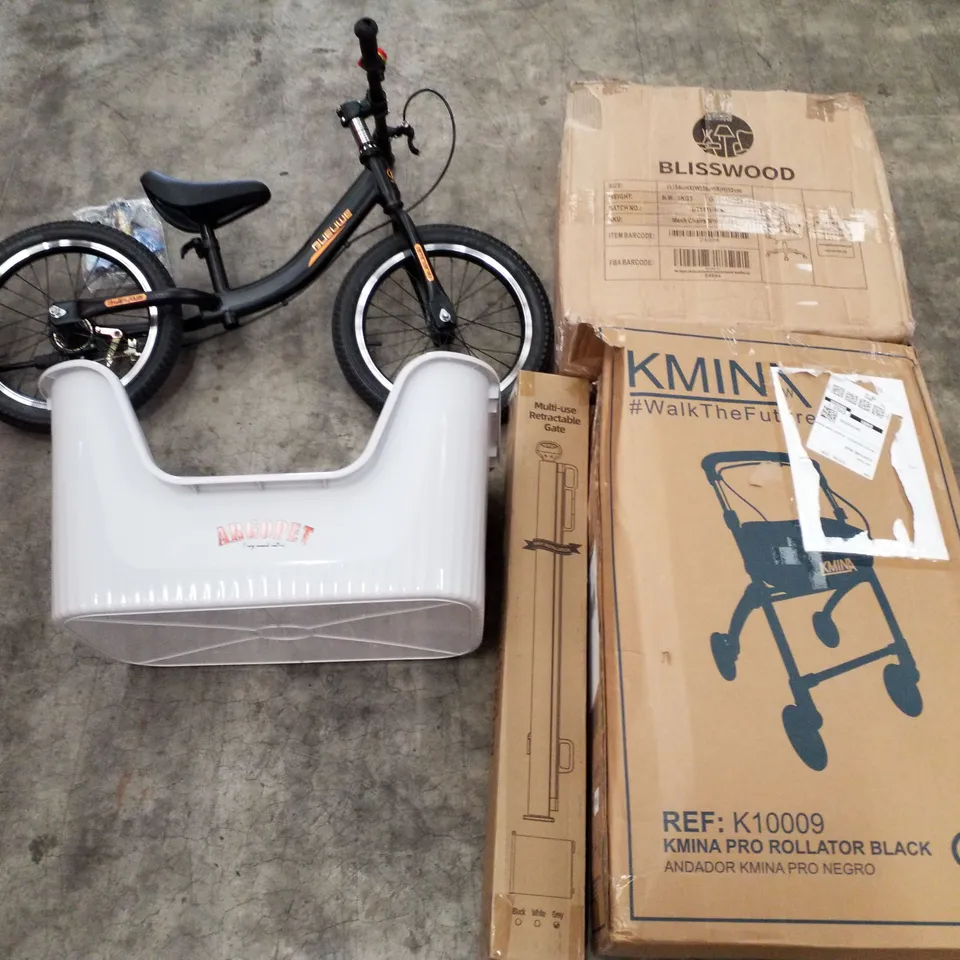 PALLET OF ASSORTED PRODUCTS INCLUDING OFFICE CHAIR, MULTI-USE RETRACTABLE GATE, PET BASKET, ROLLATOR, PUSH BIKE 