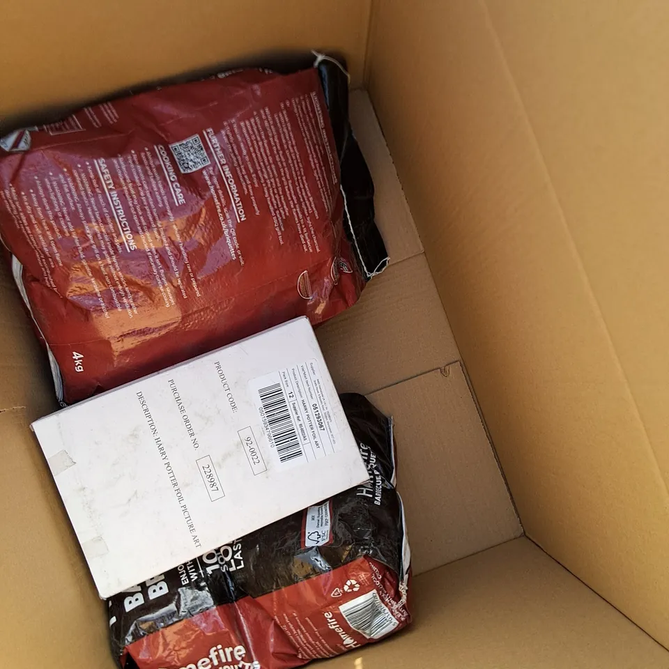 BOX OF APPROXIMATELY 5 ASSORTED ITEMS TO INCLUDE - HARRY POTTER FOIL ART PICTURE SET , HOMEFIRE BARBECUE BRIQUETTES 