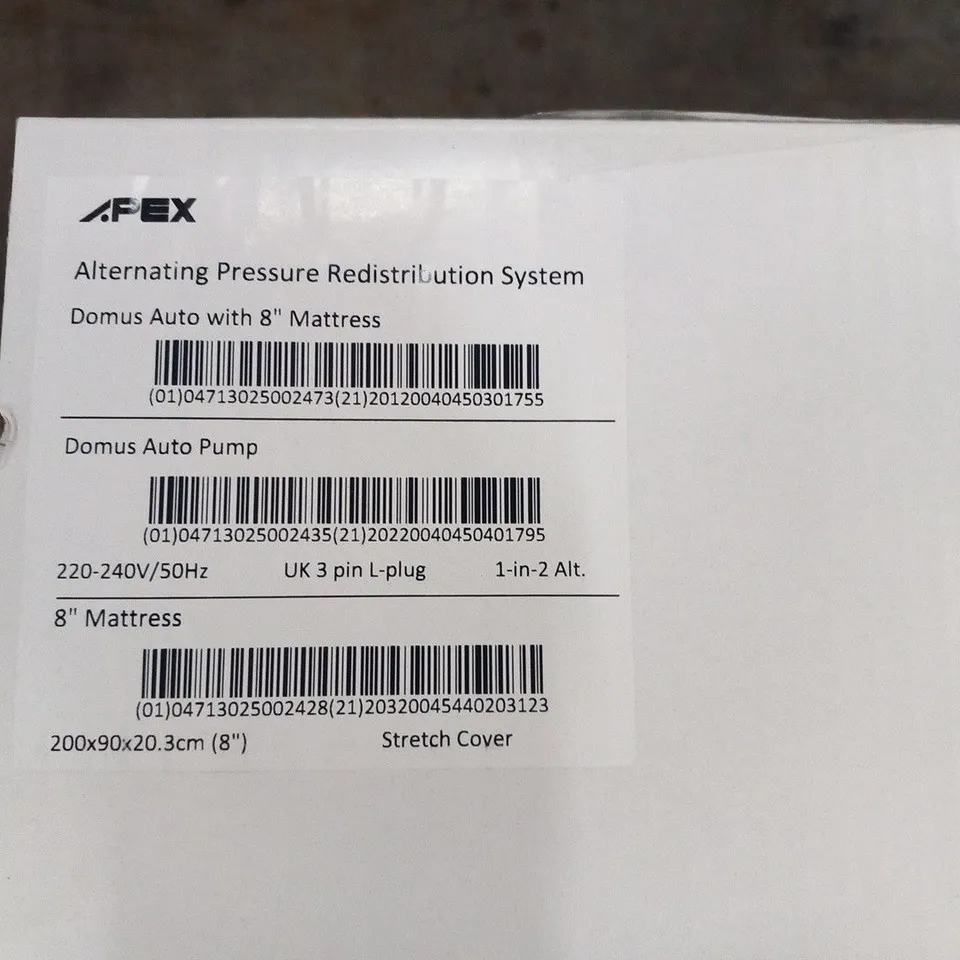 BRAND NEW BOXED APEX DOMUS AUTO DOMUS SERIES ALTERNATING PRESSURE REDISTRIBUTION SYSTEM AIR MATTRESS AND PUMP