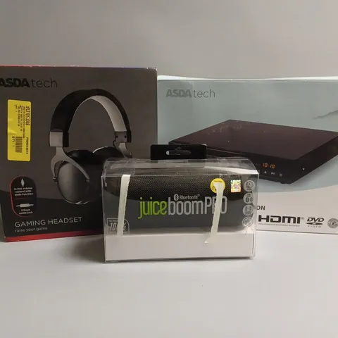 APPROXIMATELY 20 ASSORTED TECH PRODUCTS TO INCLUDE GAMING HEADSET, JUICE BOOM PRO BLUETOOTH SPEAKER, DVD PLAYER