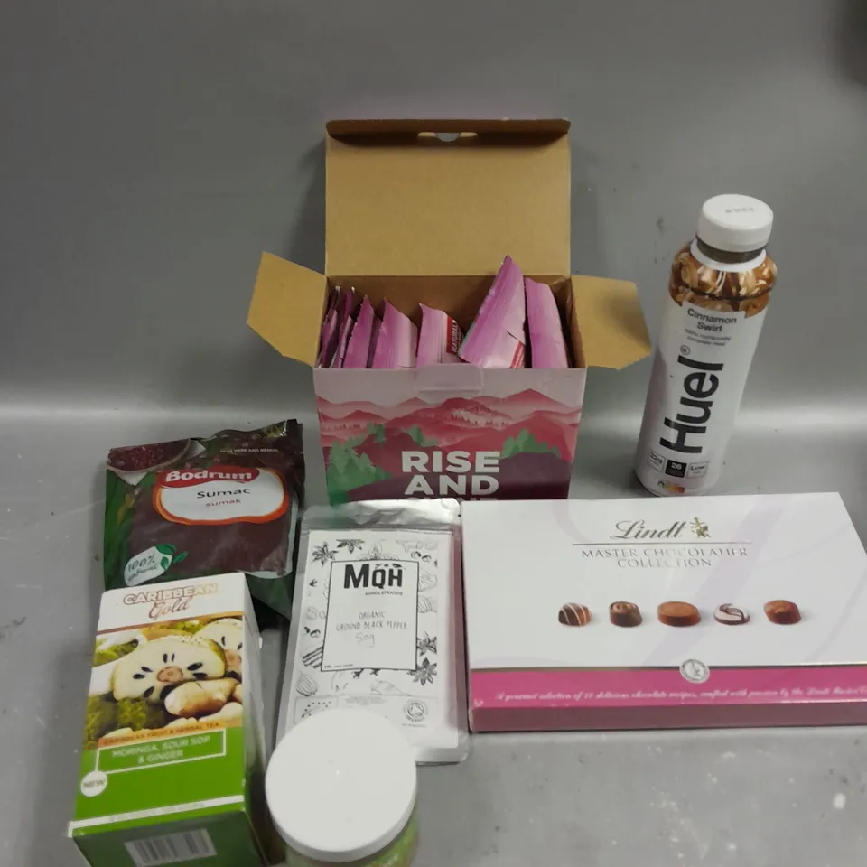 APPROXIMATELY 10 ASSORTED FOOD & DRINK PRODUCTS TO INCLUDE LINDT MASTER COLLECTION, SUMAC, HUEL DRINKS ETC 