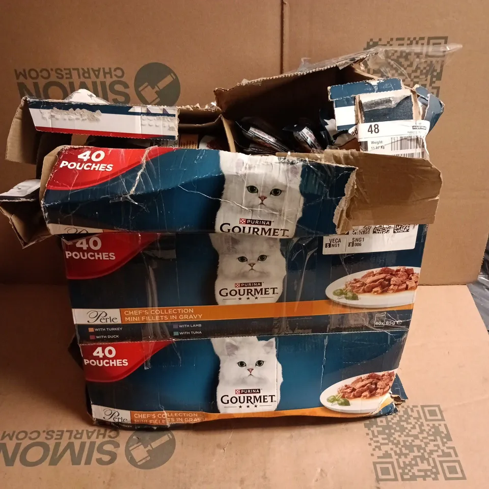 APPROXIMATELY 60 PURINA GOURMET PERLE POUCHES TO INCLUDE TURKEY, TUNA, DUCK, ETC