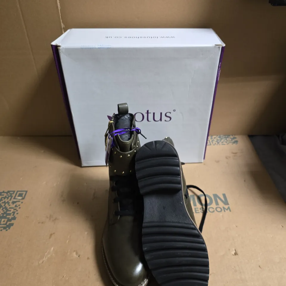 LOTUS LEATHER ANKLE BOOTS – OLIVE GREEN, STUDDED COLLAR & ZIPPER - UK SIZE 4
