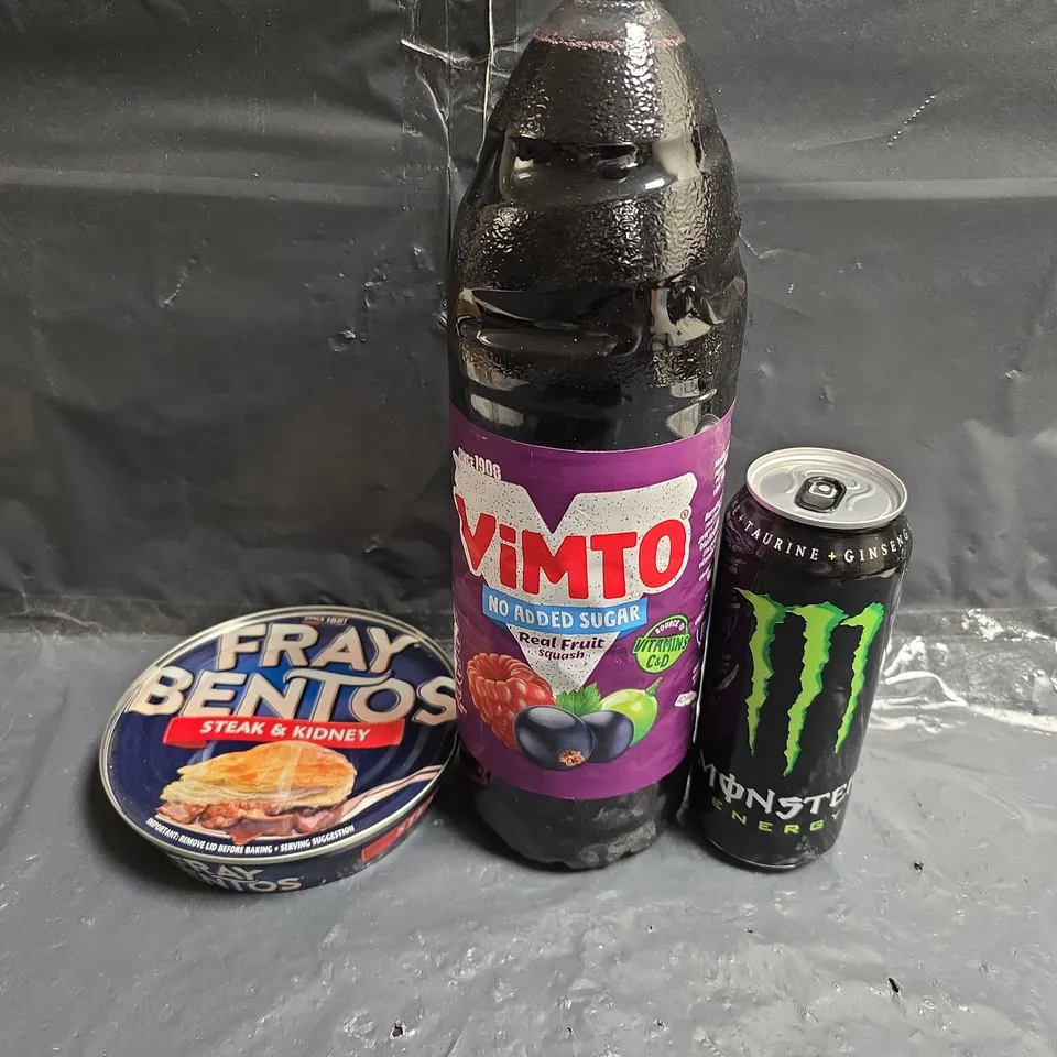 APPROXIMATELY 10 ASSORTED FOOD ITEMS TO INCLUDE - FREY BENTOS, VIMTO AND MONSTER ENERGY