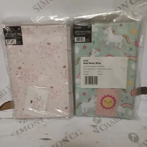 BOX OF APPROXIMATELY 96 BRAND NEW PARTY PRINCESS & UNICORN GIFT WRAP AND GIFT TAGS SET - 8 PER BAG 12 IN BOX