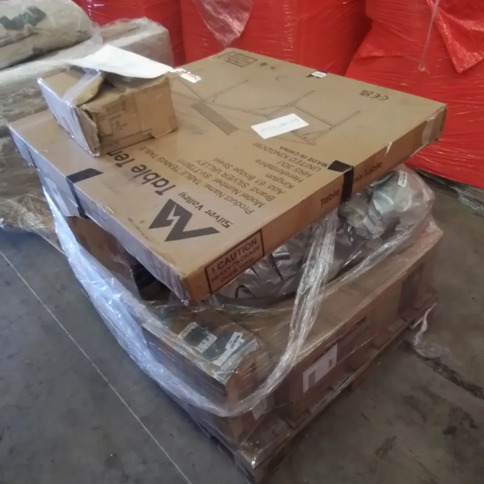 PALLET CONTAINING ASSORTED HOUSEHOLD & HOME IMPROVEMENT PRODUCTS. INCLUDES TABLE TENNIS TABLE, STAINLESS STEEL COOKER HOOD, TRAMPOLINE NET ETC 