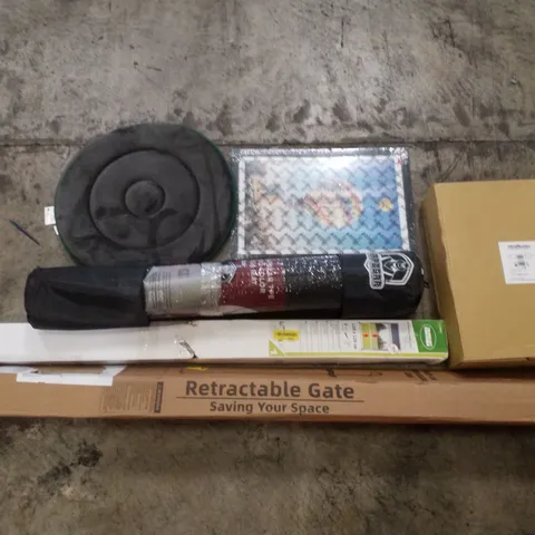 PALLET CONTAINING ASSORTED PRODUCTS INCLUDING RETRACTABLE GATE, RETRACTABLE SCREEN MOSQUITO NET, ROTATING SEAT CUSHION, PICTURE FRAME, YOGA MAT & FOOT REST